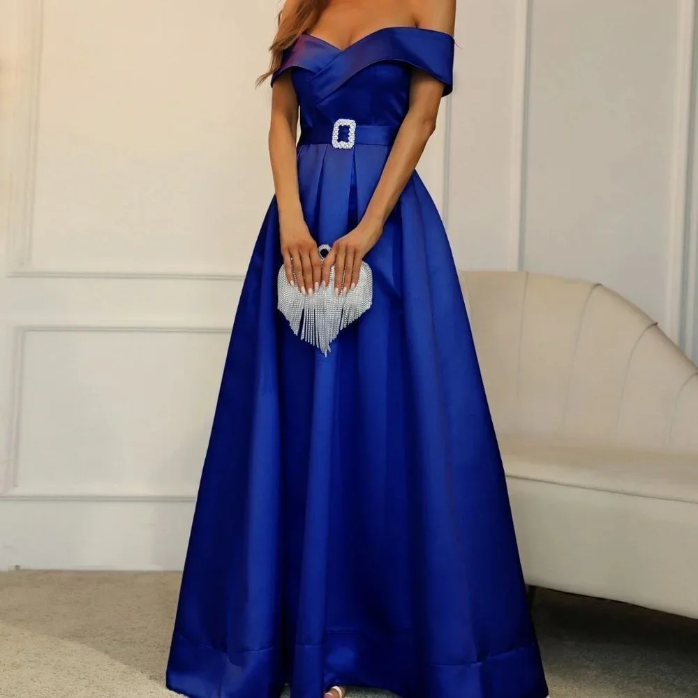 Blue Boho Womens Off Shoulder Boxy Pleated Split Thigh Prom Dress - Picture 3 of 5